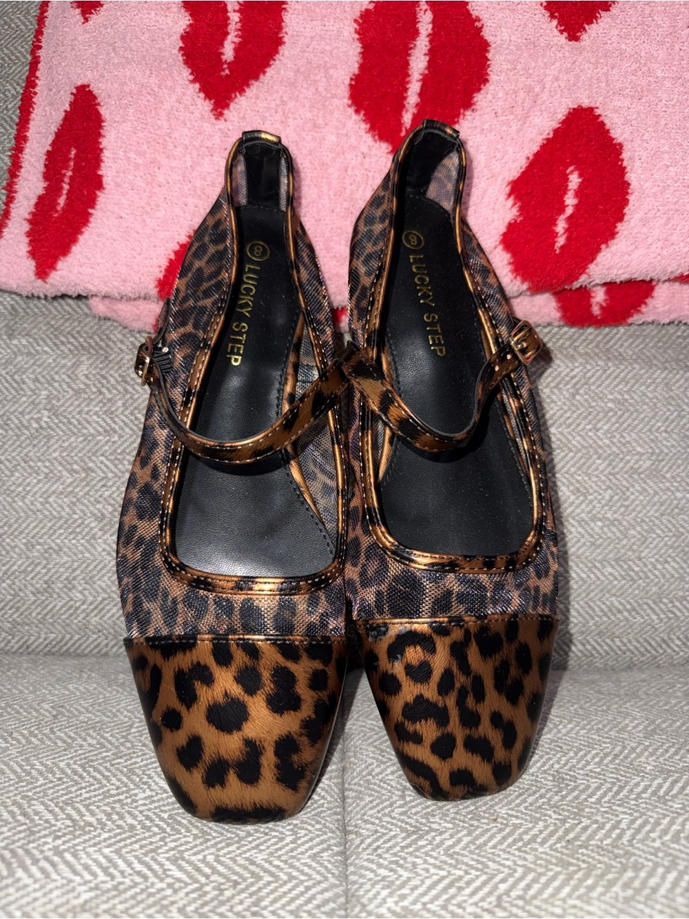 Lucky Step women's mesh Mary‎ Jane leopard print ballet flats